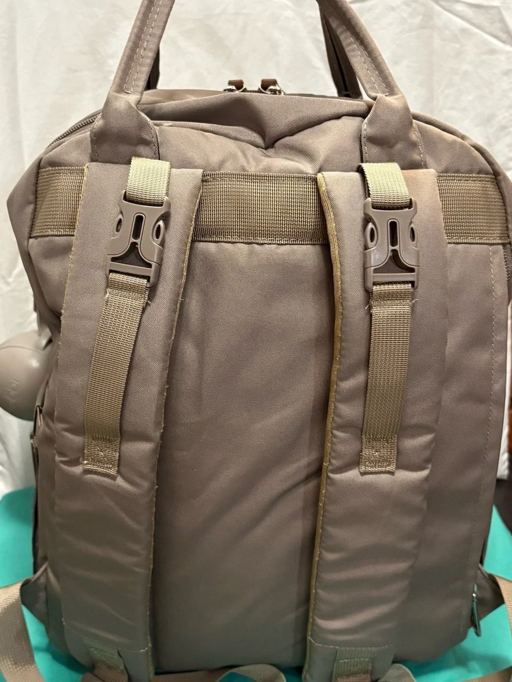 Diaper Backpack in Taupe with Tan Trim by